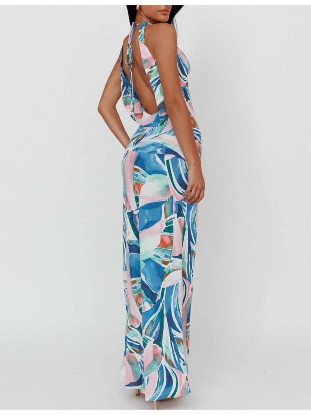 Womens Blue Floral Cowl Neck Summer Satin Backless Sleeveless Elegant Maxi Dress - Picture 2 of 4